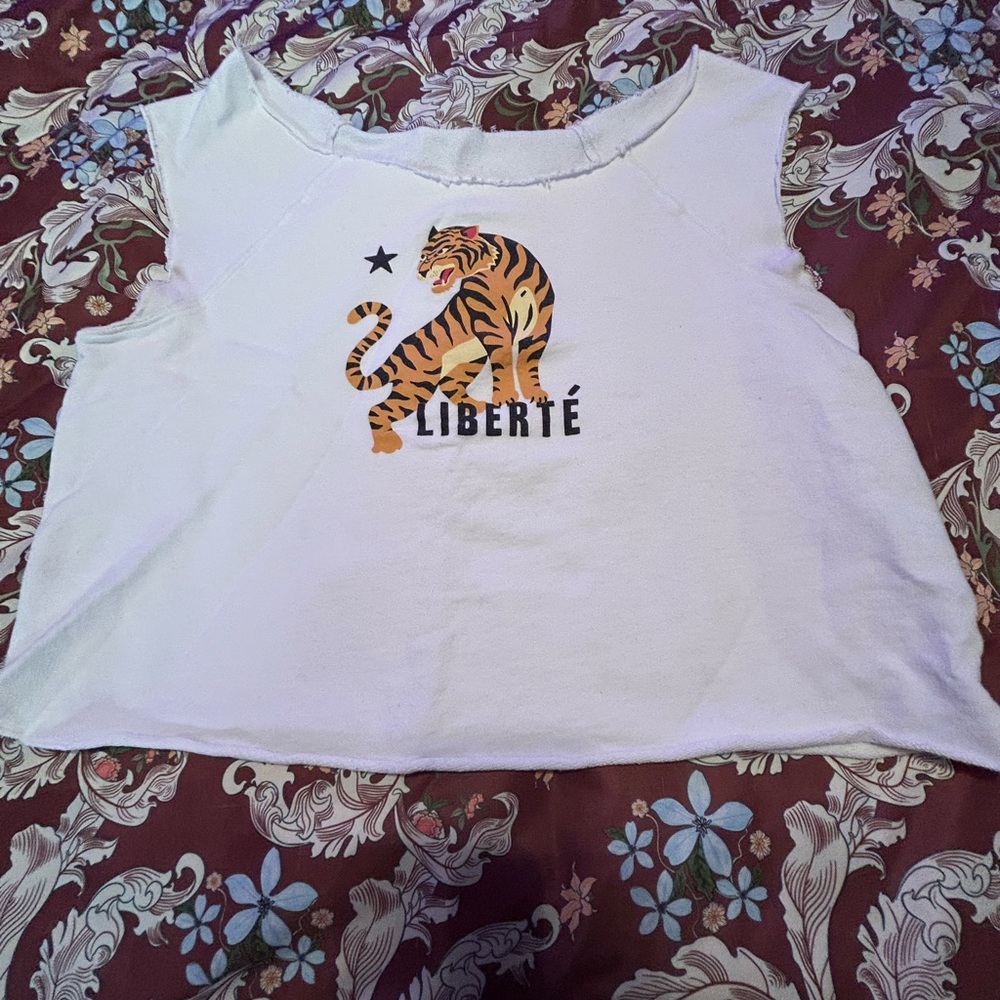 T.La White Tee with Tiger and Liberté Print